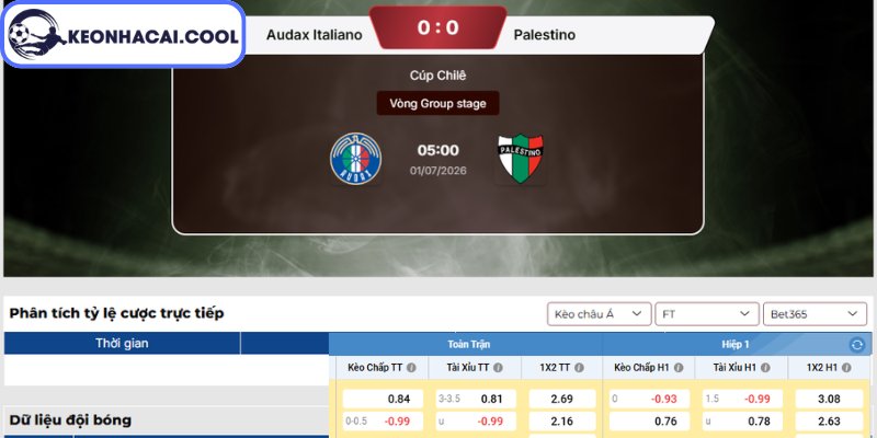 Kèo châu Á trận Audax Italiano vs Palestino (05h00 01/07, Cúp Chile)